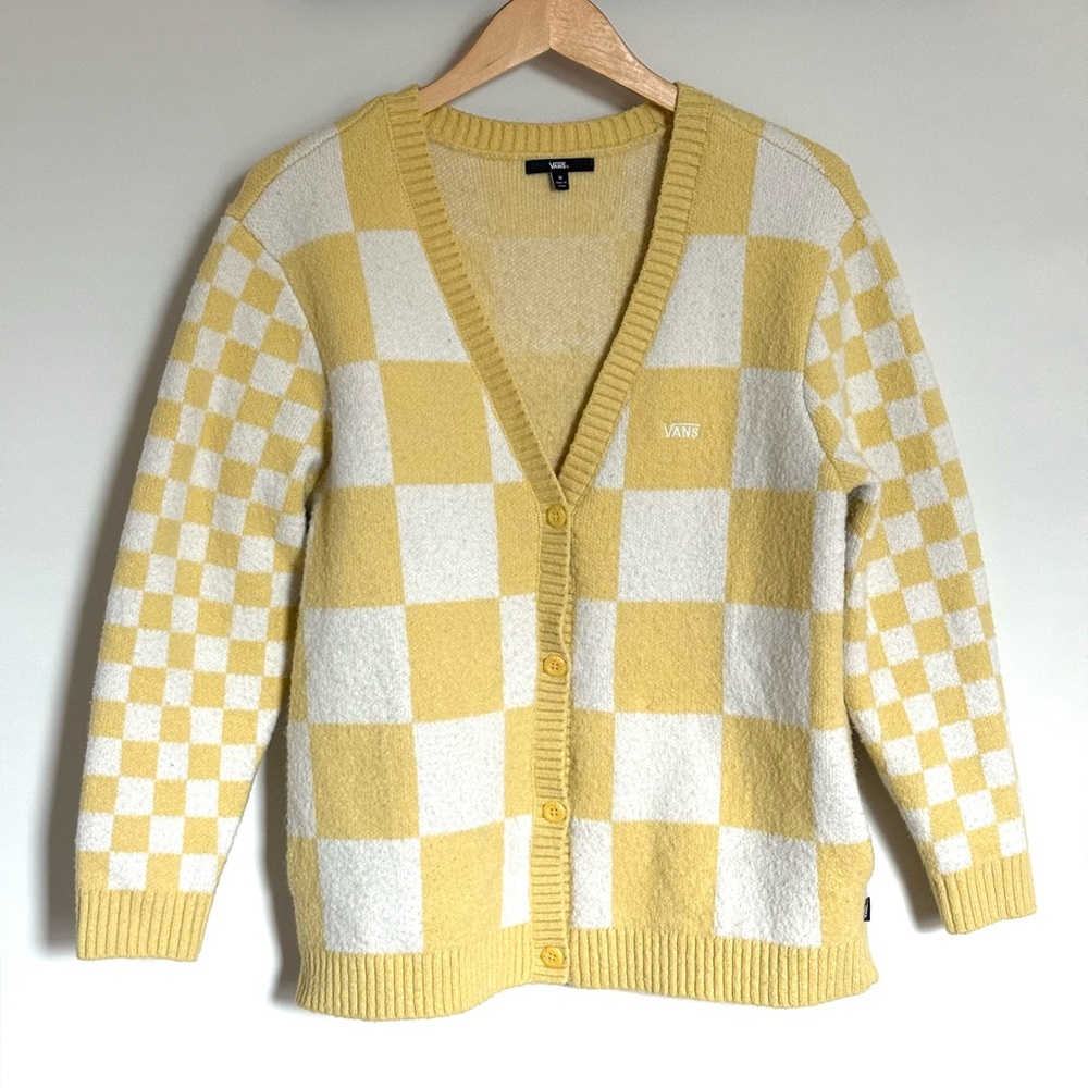 Vans Yellow Checkered Oversized Cardigan Sweater Medium